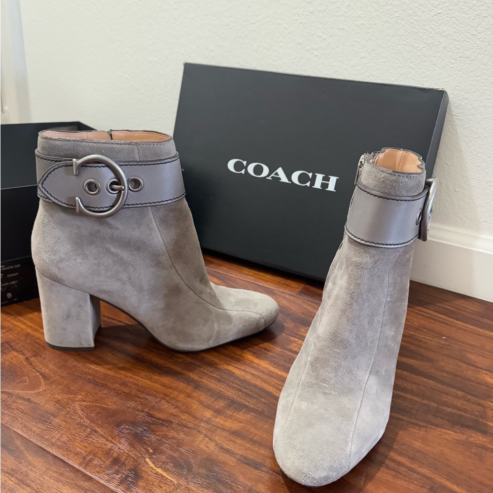 Coach Grey Taupe Genuine Suede Buckle Dara Ankle Booties